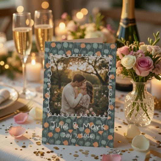 Custom Floral Doodle Photo Engagement Thank You  サンキューカード