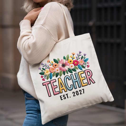 Custom Floral Embroidered Effect Tote for Teachers トートバッグ