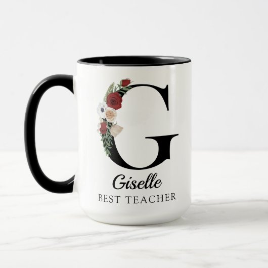 Custom Floral Monogram Mug Gift for Best Teacher マグカップ (左)