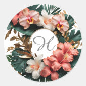Custom Floral Monogram Tropical Round Sticker ラウンドシール (正面)