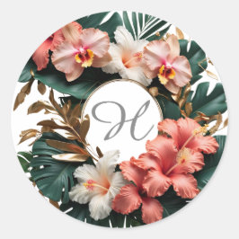 Custom Floral Monogram Tropical Round Sticker ラウンドシール