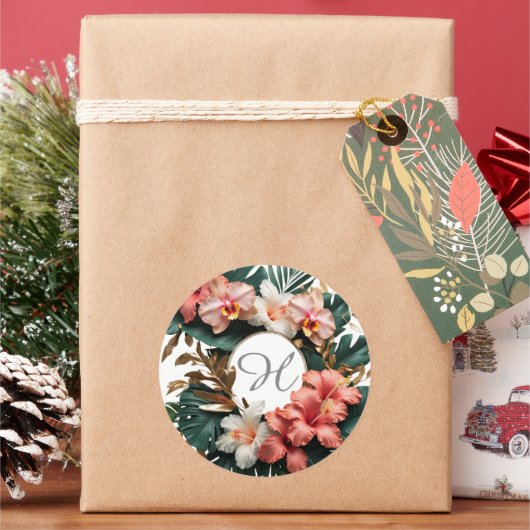 Custom Floral Monogram Tropical Round Sticker ラウンドシール (クリスマス)