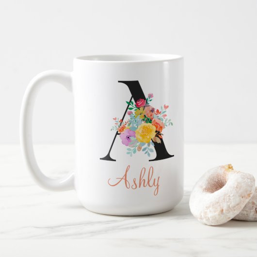 Custom Floral Watercolor Monogram Name コーヒーマグカップ (ドーナツ)