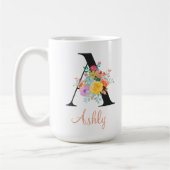 Custom Floral Watercolor Monogram Name コーヒーマグカップ (左)