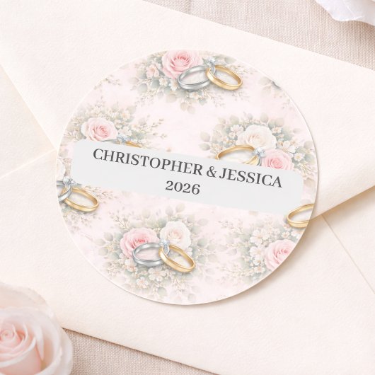Custom Floral Wedding Rings Sticker ラウンドシール