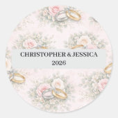 Custom Floral Wedding Rings Sticker ラウンドシール (正面)