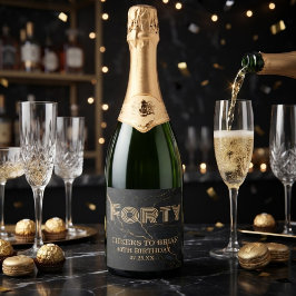 Custom "Forty" Black Marble & Gold Birthday Party スパークリングワインラベル