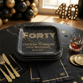 Custom "Forty" Black Marble & Gold Birthday Party ペーパープレート