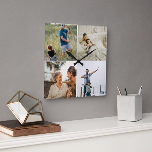 Custom Four Photo Collage Template Modern  スクエア壁時計 (オフィス)