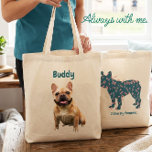 Custom French Bulldog Photo I Love My Frenchie トートバッグ<br><div class="desc">Carry your furry best friend everywhere you go with this charming custom French Bulldog photo design. The front features a beautiful teal Frenchie silhouette decorated with pastel pink typography, while the back displays your own dog's personalized picture and name. To achieve the clean look in our sample, simply click the...</div>