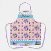 Custom French Pastel Pink Blue Pansy Womans Name エプロン (正面)