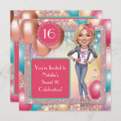 Custom Fun & Fabulous Sweet 16 Caricature Design  招待状 (正面/裏面)