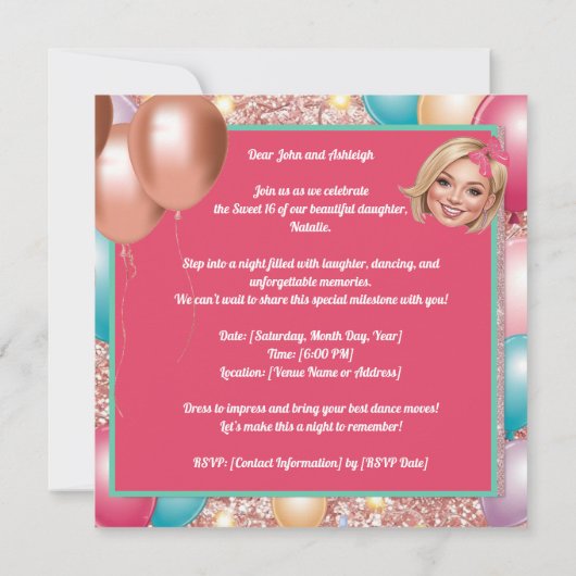 Custom Fun & Fabulous Sweet 16 Caricature Design  招待状 (裏面)