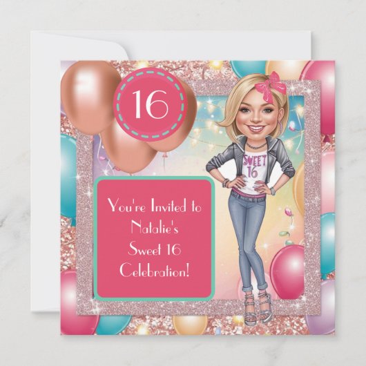 Custom Fun & Fabulous Sweet 16 Caricature Design  招待状 (正面)