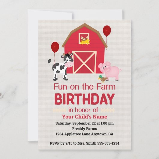 Custom Fun on the Farm Birthday Gingham  招待状 (正面)