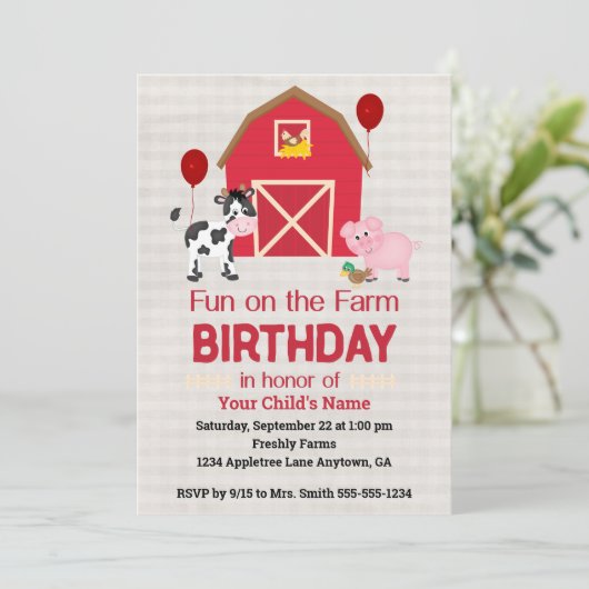 Custom Fun on the Farm Birthday Gingham  招待状 (スタンド正面)