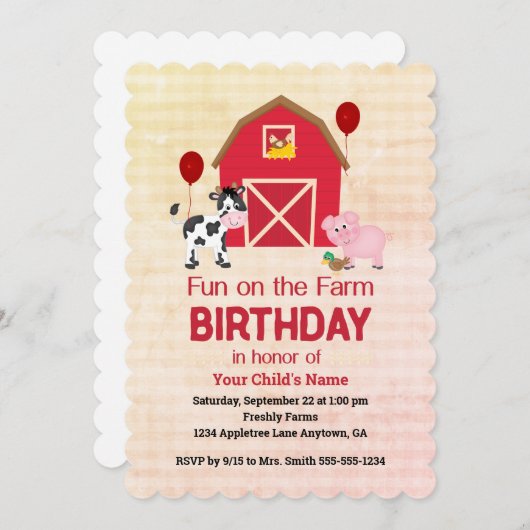 Custom Fun on the Farm Child Birthday Gingham 招待状 (正面/裏面)