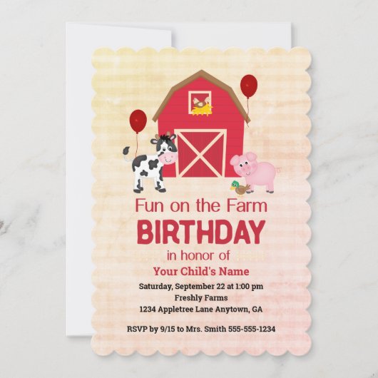 Custom Fun on the Farm Child Birthday Gingham  招待状 (正面)