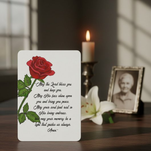 Custom Funeral Memorial Card with Prayer and Rose サンキューカード