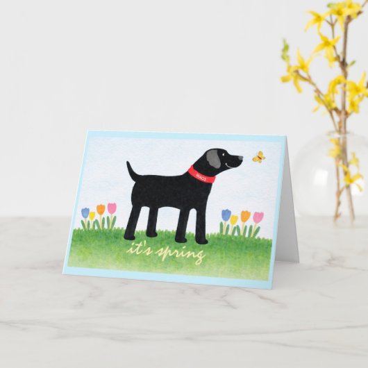 Custom Funny Black Dog Spring Greeting Card カード (黄色い花)