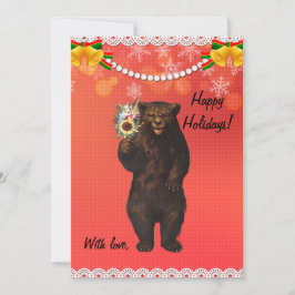 Custom Funny Modern Christmas Bear with flowers  シーズンカード
