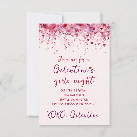 Custom Galentines Pink Hearts Party Invitation 出欠カード (正面)