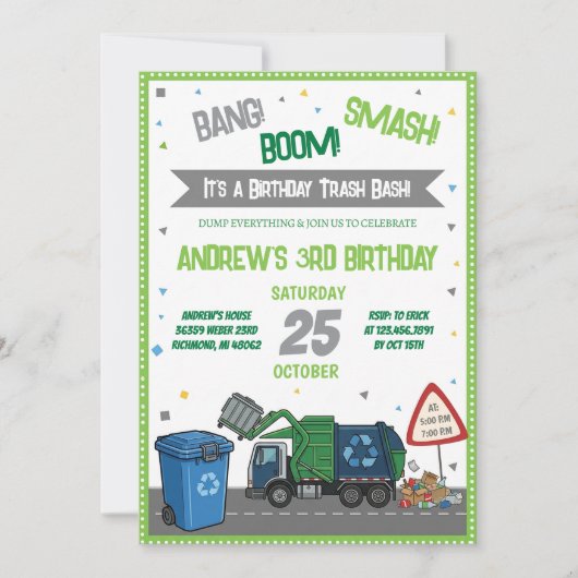 Custom Garbage Truck Birthday Invitation 招待状 (正面)