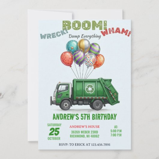 Custom Garbage Truck Recycling Birthday Invitation 招待状 (正面)