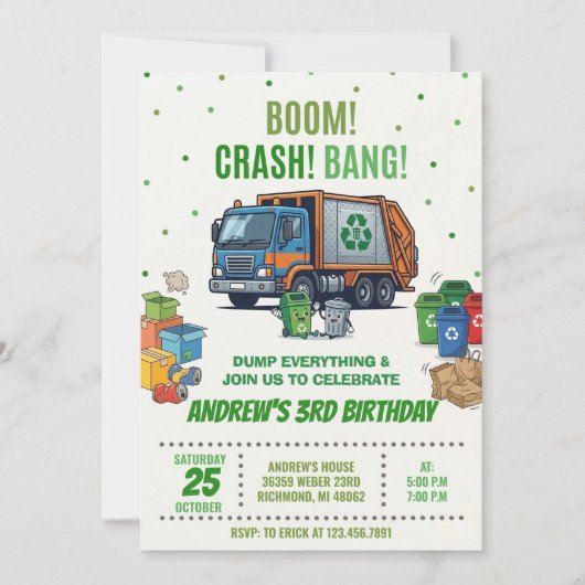 Custom Garbage Truck Vehicle Birthday Invitation 招待状 (正面)
