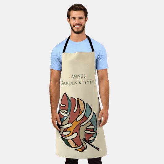 Custom Garden Kitchen Name Monstera Boho Gift エプロン (着用した状態)