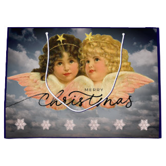 CUSTOM GIFT BAG FOR CHRISTMAS TWIN ANGELS VINTAGE ラージペーパーバッグ