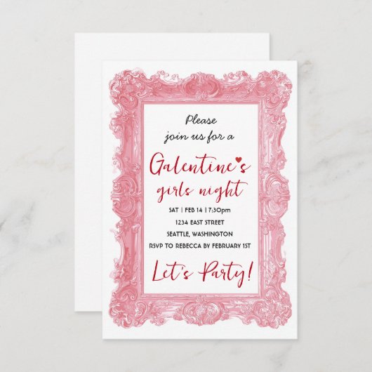 Custom Girls Night Galentine Pink Party Invitation 出欠カード (正面/裏面)