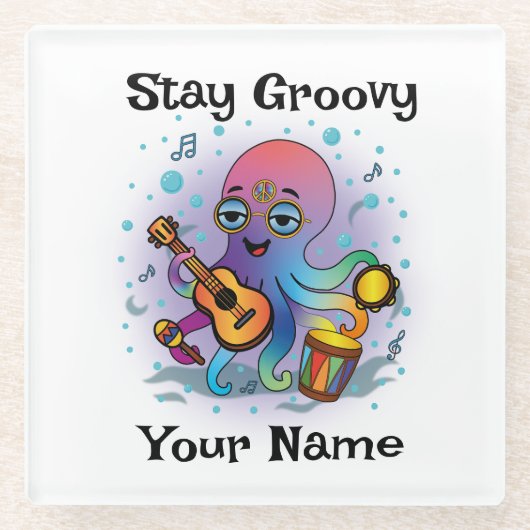 Custom Glass Coaster | Retro Octopus | Name & Text ガラスコースター (正面)