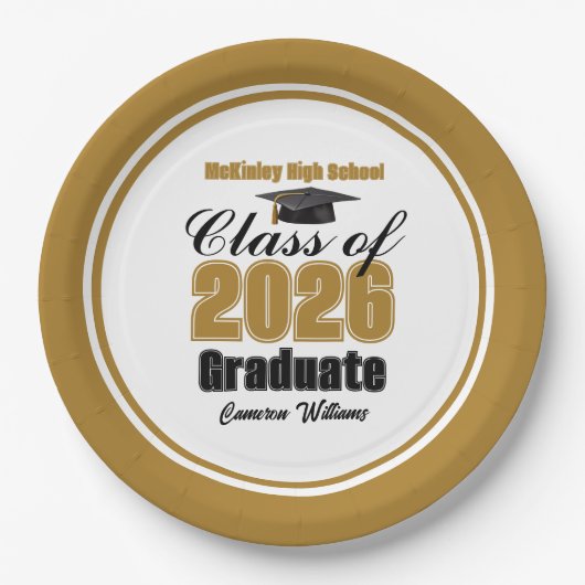 Custom Gold Black Class of 2026 Graduation Party ペーパープレート (正面)