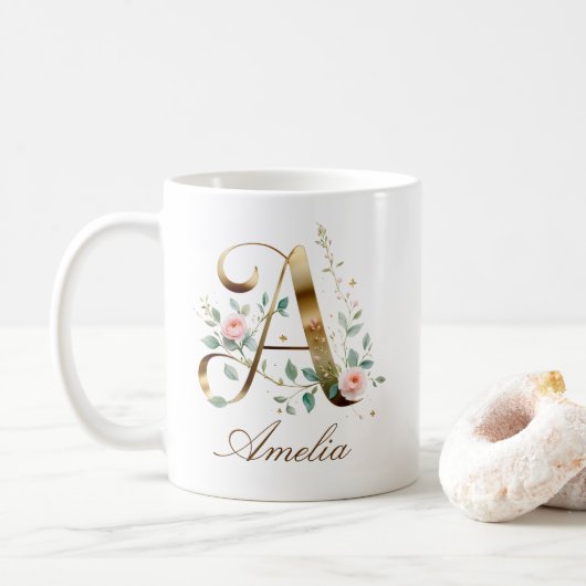 Custom Gold Floral Letter A Monogram Mug コーヒーマグカップ (ドーナツ)