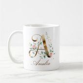Custom Gold Floral Letter A Monogram Mug コーヒーマグカップ (左)