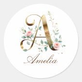 Custom Gold Floral Letter A Round Sticker ラウンドシール (正面)