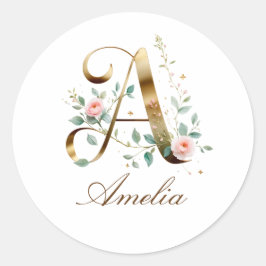 Custom Gold Floral Letter A Round Sticker ラウンドシール