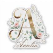 Custom Gold Floral Letter A Vinyl Heart Sticker シール (正面)