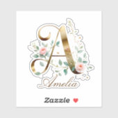 Custom Gold Floral Letter A Vinyl Heart Sticker シール (シート)