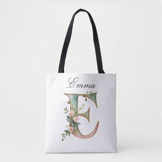 Custom Gold Floral Letter E All-Over Print Tote トートバッグ (正面)