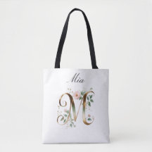 Custom Gold Floral Letter M All-Over Print Tote