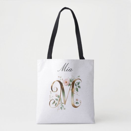Custom Gold Floral Letter M All-Over Print Tote トートバッグ (正面)