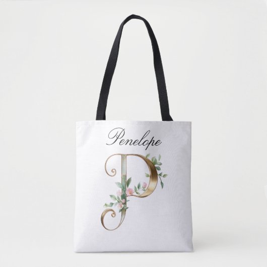 Custom Gold Floral Letter P All-Over Print Tote トートバッグ (正面)