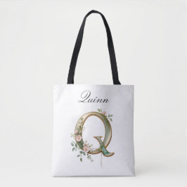 Custom Gold Floral Letter Q All-Over Print Tote トートバッグ
