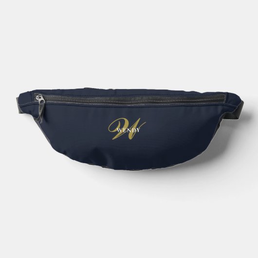 Custom Gold Navy Blue Monogram Clean Stylish  ファニーパック (レイダウン)