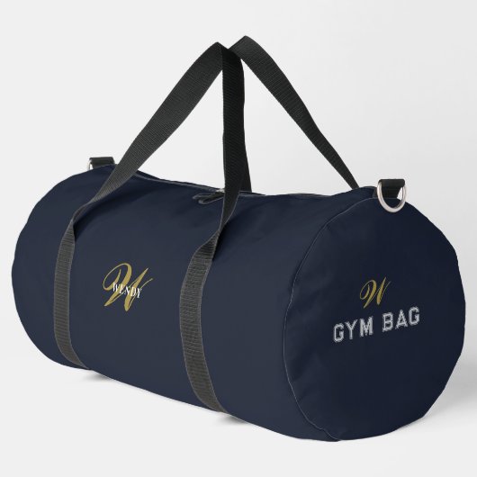 Custom Gold Navy Blue Monogram Initial Fitness ダッフルバッグ (左コーナー)