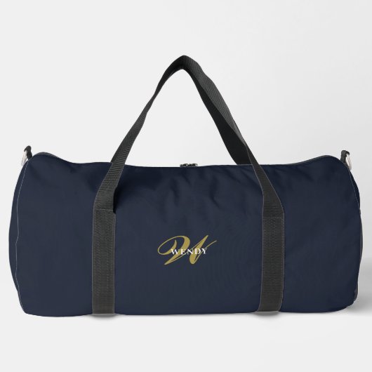Custom Gold Navy Blue Monogram Initial Fitness ダッフルバッグ (正面)