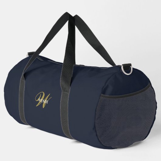 Custom Gold Navy Blue Monogram Initial Fitness ダッフルバッグ (右コーナー)