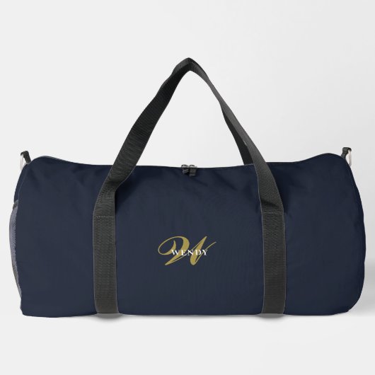 Custom Gold Navy Blue Monogram Initial Fitness ダッフルバッグ (裏面)